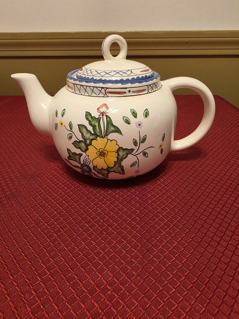 Tiffany & Co. Lisbon  White Ceramic Teapot with Yellow Floral Motif and Blue Rim